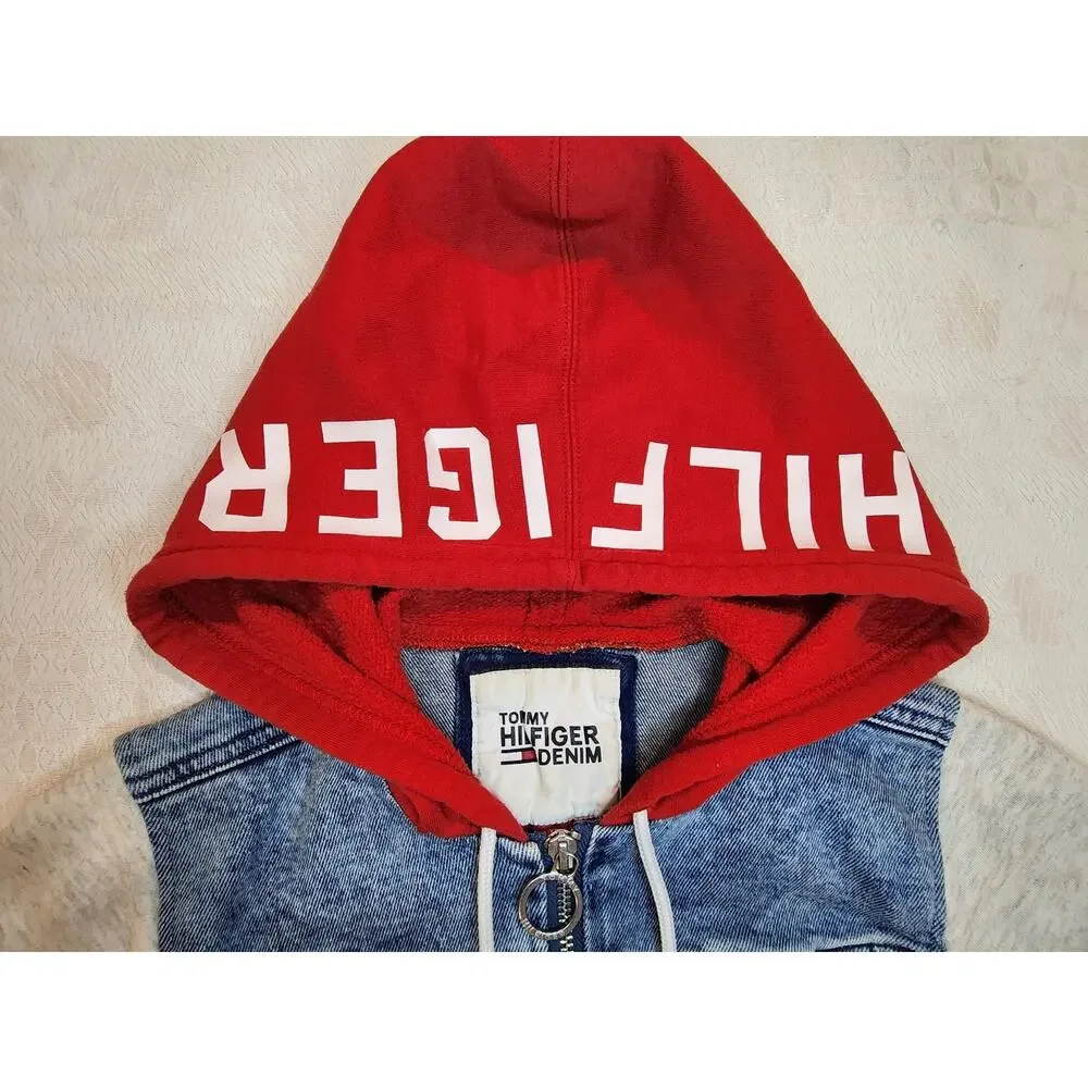 Tommy Hilfiger Denim Hoodie Jacket Vest Hybrid Womens XS Red Grey Y2K Trend